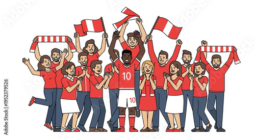 A jubilant crowd celebrates with a soccer player in a red jersey