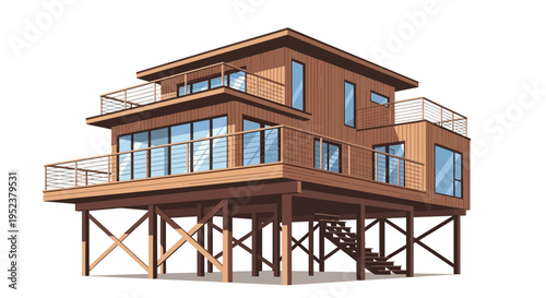 Modern two story house elevated on wooden supports with surrounding balconies