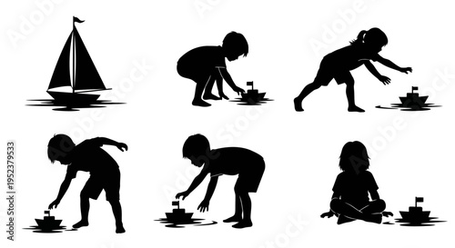 Children Silhouettes Playing with Toy Boats in Water