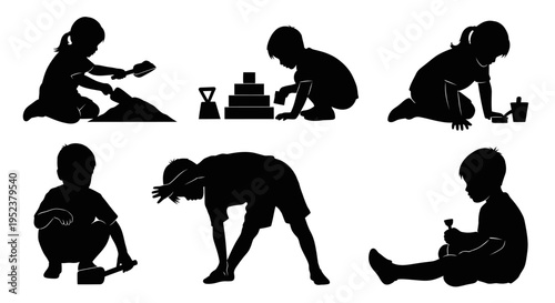Children Silhouettes Playing with Toys: Sand, Blocks, and Outdoor Fun
