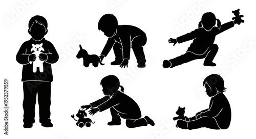 Children Silhouettes Playing with Toys: Teddy Bears, Animals, and Blocks
