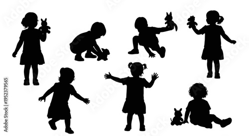 Children Silhouettes Playing with Toys, Diverse Poses, Childhood Joy, Isolated on White