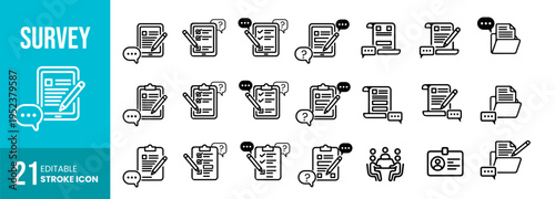 Comprehensive Survey, Feedback, and Questionnaire Line Icon Collection for Customer Satisfaction Polling, User Experience Research, and Corporate Evaluation Data Analytics