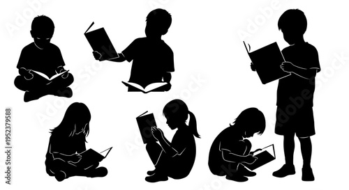 Children Silhouettes Reading Books Outdoors, Diverse Poses, Education Concept
