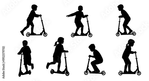 Children Silhouettes Riding Scooters, Outdoor Fun and Activity