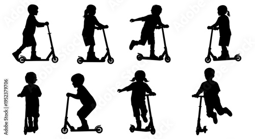 Children Silhouettes Riding Scooters, Diverse Poses, Outdoor Activity, Vector Graphics