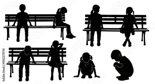 Children Silhouettes Sitting and Playing on Bench and Ground
