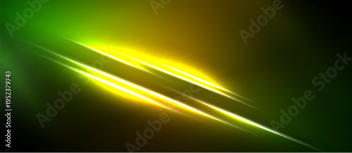Abstract energy lines, vibrant green, yellow hues. Diagonal streaks create dynamic visual impact. Dark background emphasizes luminosity.