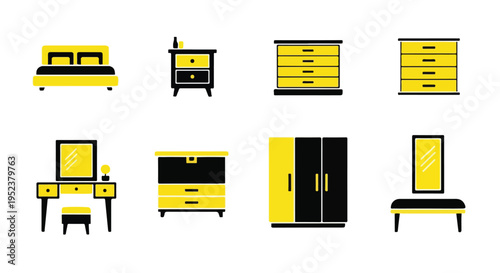 Set of 8 furniture icons vector, yellow and black