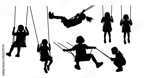 Children Silhouettes Swinging Joyfully on Playground Swings, Outdoor Fun