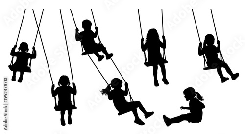 Children Silhouettes Swinging on Playground Swings, Outdoor Fun, Childhood Joy