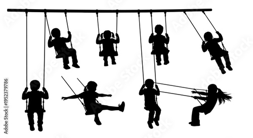 Children Silhouettes Swinging on Playground Swings, Outdoor Activity, Childhood Fun