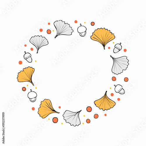 イチョウの葉とどんぐりの秋色手描き風円形フレーム