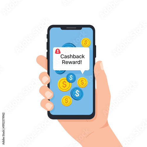 Hand Holding Smartphone Displaying Cashback Reward Notification.