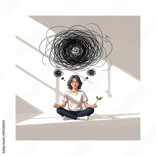 A woman meditates while having stressful thoughts