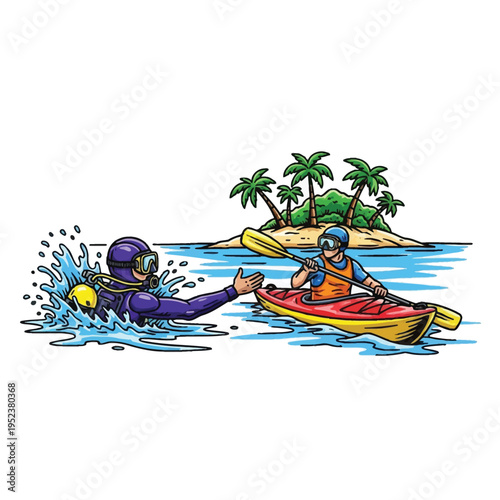 Scuba diver and kayaker interacting in tropical ocean waters.