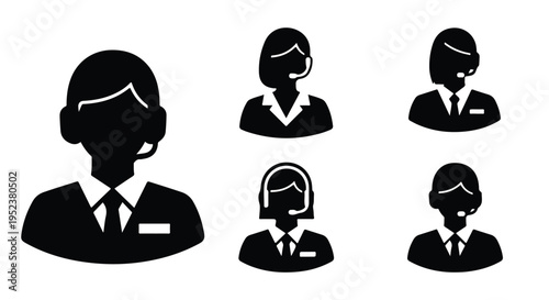 Set of 6 black customer service and call center agent icons vector for support and communication