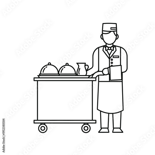 Hotel Bellhop Serving Food on a Room Service Cart.
