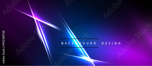 Abstract background features vibrant neon lines, gradients. Dark blue transitions into bright purple, creating futuristic effect. Text reads background design.