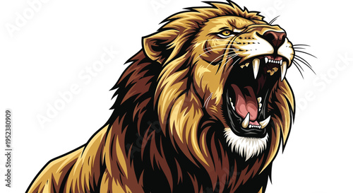 A fierce lion roars with an open mouth and sharp teeth displayed