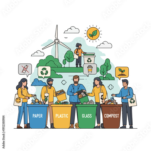 People sorting recyclable materials into bins 1.
