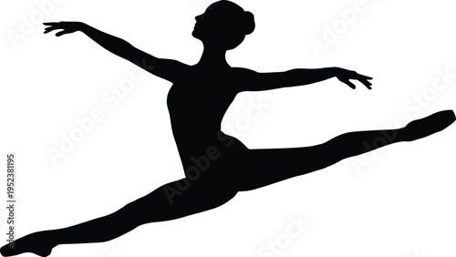 Graceful black silhouette of a female ballet dancer performing a mid-air split jump leap pose isolated on a clean white background for design