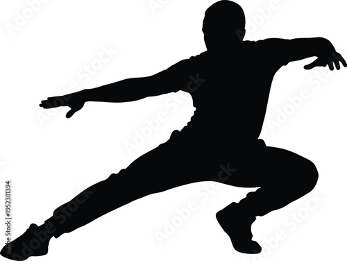 Black silhouette of man in dynamic martial arts or breakdance pose performing a low side lunge stretch isolated on white background vector