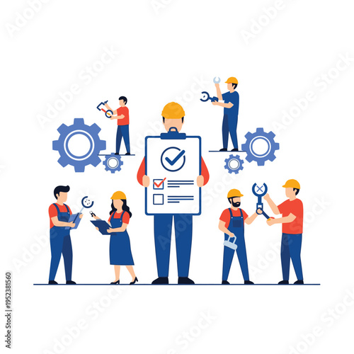 Team of workers with checklist and tools.