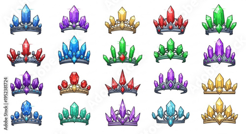 A collection of vibrant, sparkling gemstone tiaras and crowns, perfect for fantasy and royal themes