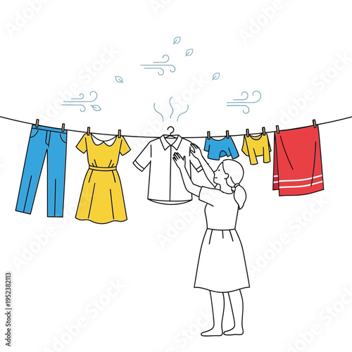 Woman hanging clothes on a clothesline to dry.