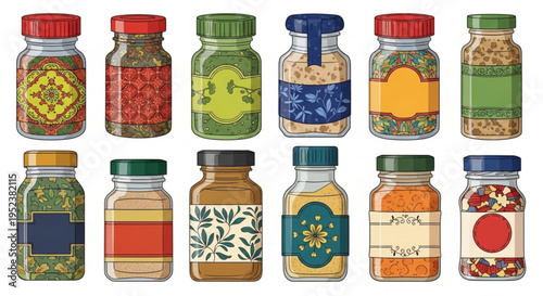 Collection of colorful spice jars with various designs and labels, ideal for culinary and decorative uses