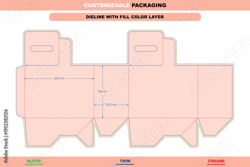 Customizable handle display box packaging dieline printable design template retail presentation detailed editable carton production modern die line for manufacturers