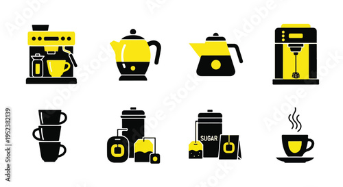 Set of 8 coffee maker icons vector, yellow and black