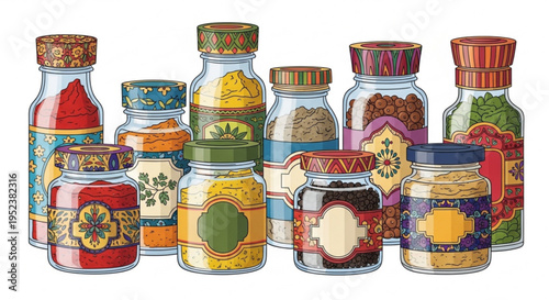 Assortment of intricately decorated glass jars, each brimming with aromatic spices, exotic herbs, and gourmet condiments, featuring colorful traditional patterns