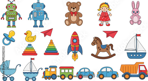 Colorful kids toys collection vector illustration set, robot teddy bear doll rocket car train blocks duck children play icons