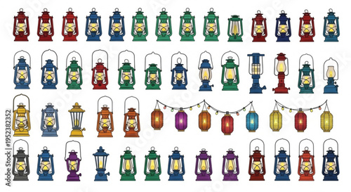 A vast collection of colorful and diverse lanterns, including traditional, modern, and decorative designs, illuminated for ambiance and celebration