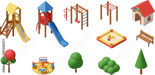 Colorful playground equipment collection vector illustration, kids park slide swing sandbox carousel bench trees playhouse outdoor recreation design set