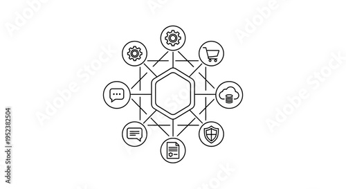 Abstract network diagram with interconnected icons representing business, technology, and communication.