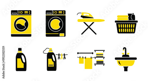 Set of 8 laundry icons vector, yellow and black