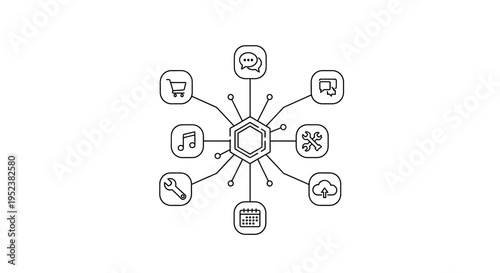 Abstract Network of Icons Representing Digital Services and Connectivity