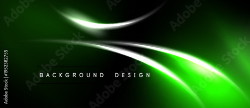 Abstract green neon lines over black background. Smooth curves create dynamic visual effect. Modern design element.