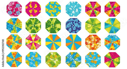 A captivating array of richly patterned octagonal shapes, bursting with diverse color combinations and intricate designs, ideal for textiles, backgrounds, or decorative applications