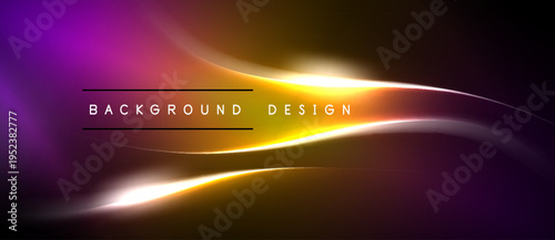 Abstract background features vibrant purple, orange gradients. Bright light streak crosses center, text reads background design. Smooth curves dominate composition.