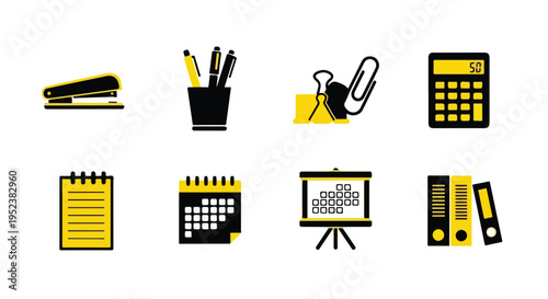 Set of 8 office icons vector, yellow and black