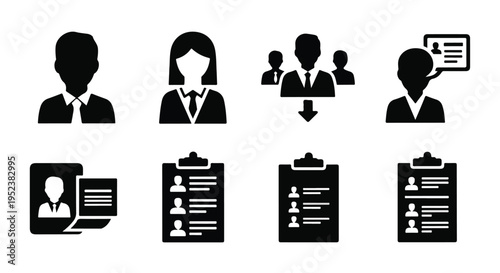 Set of 8 black silhouette business people and human resources icons vector for corporate design