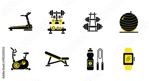 Set of 8 fitness icons vector, gym equipment symbols