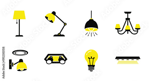 Set of 8 lamp icons vector, lighting fixtures