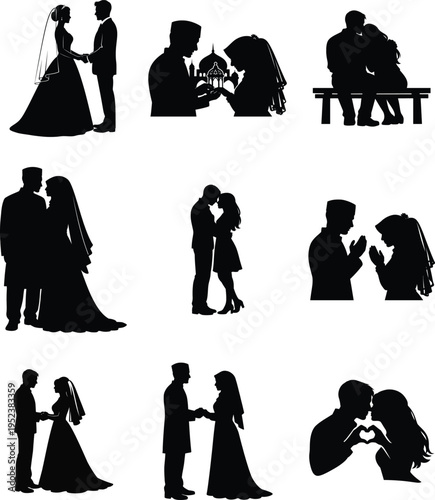 Silhouette illustrations of romantic couples in various poses