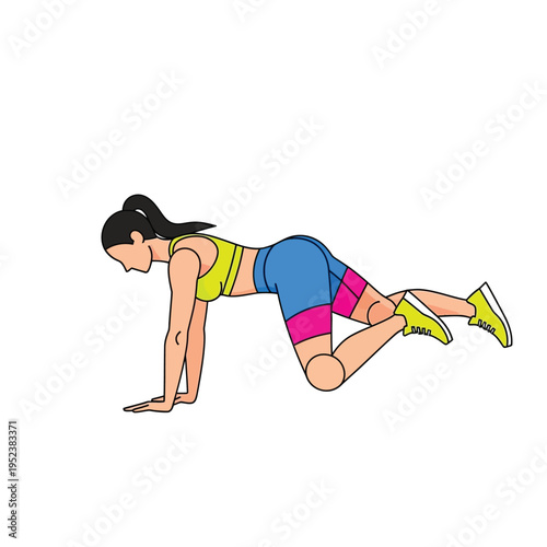 Woman performing a donkey kick exercise on a white background.