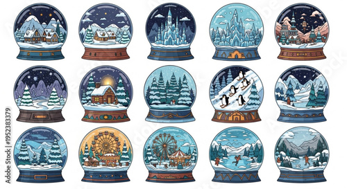 A delightful collection of enchanting winter scenes captured within classic snow globes, perfect for seasonal decor and festive designs